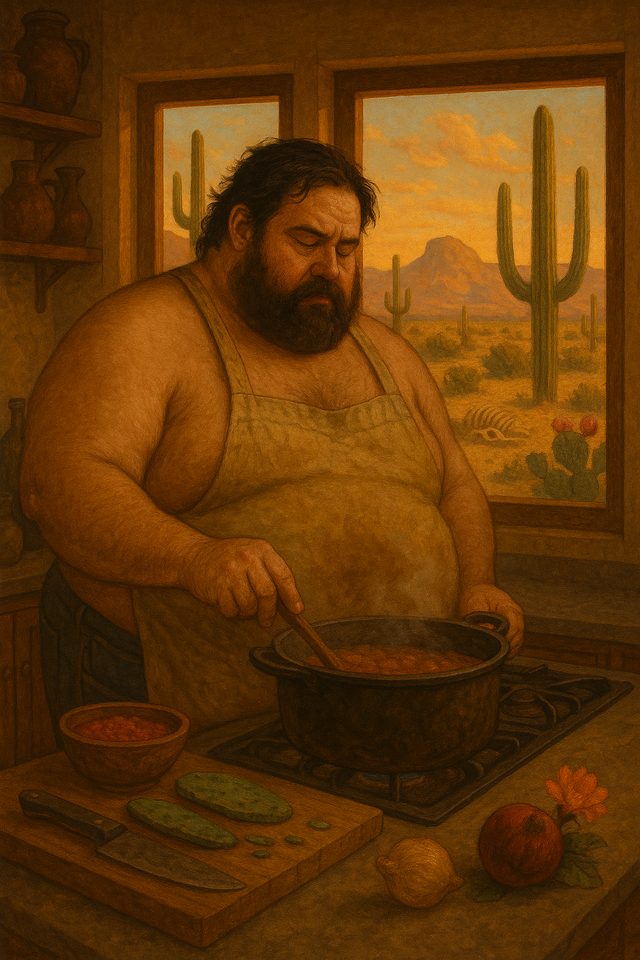 Saul Ember at the stove, saguaros through the kitchen window